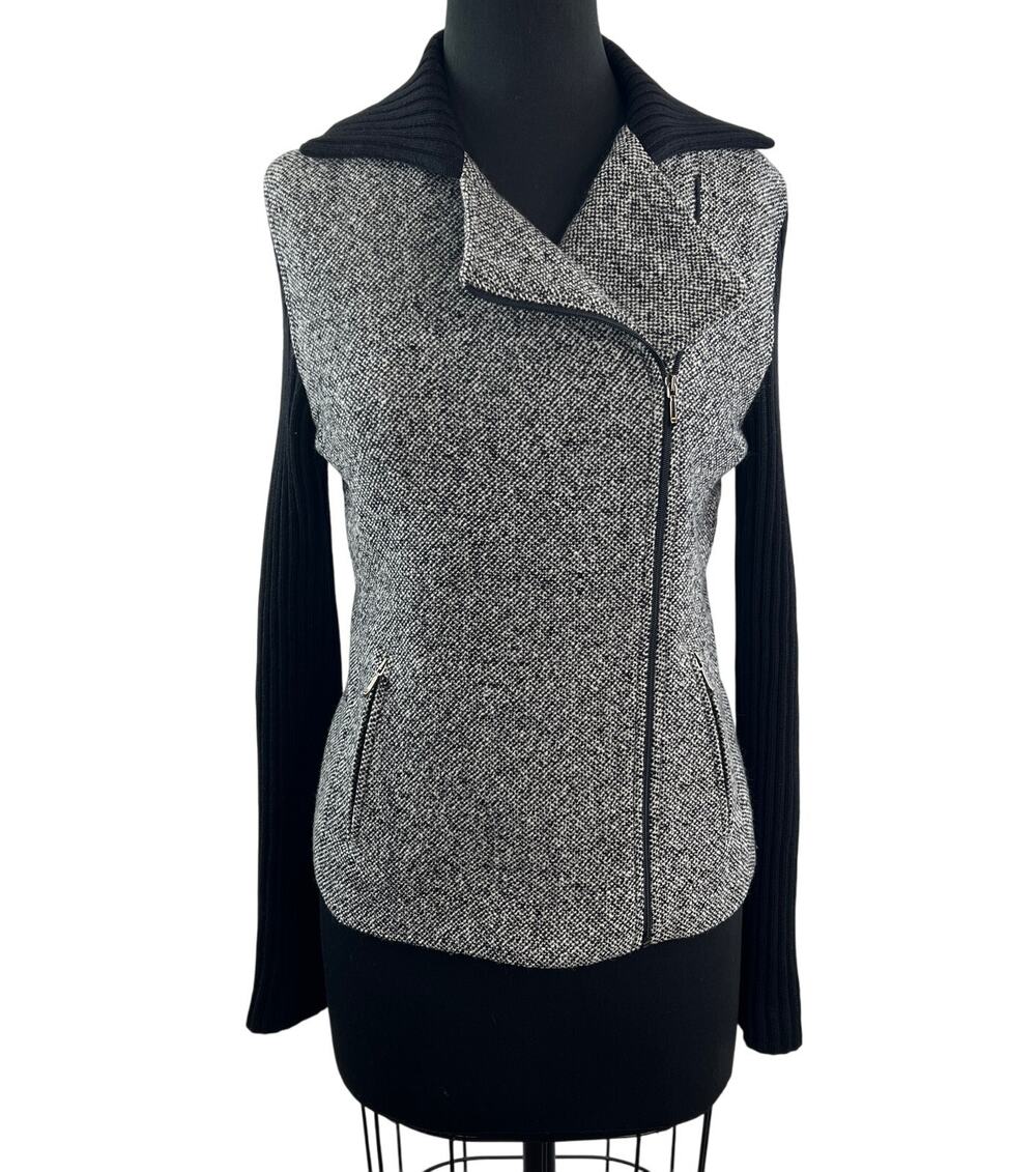 Luisa Spagnoli Gray Black Moto Jacket Tweed Knit Collared Asymmetric Zip Size 46